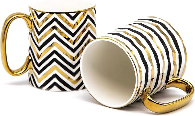 KooK Coffee Mugs, Coffee Mug Set, Black and Gold Cups, Porcelain, Tea Cups with Handles, Geometri... | Amazon (US)