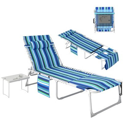 Outsunny Tanning Chair with Face Hole, Side Table, 5-Position Folding Outdoor Chaise Lounge Chair with Carry Straps, Blue Stripe | Target