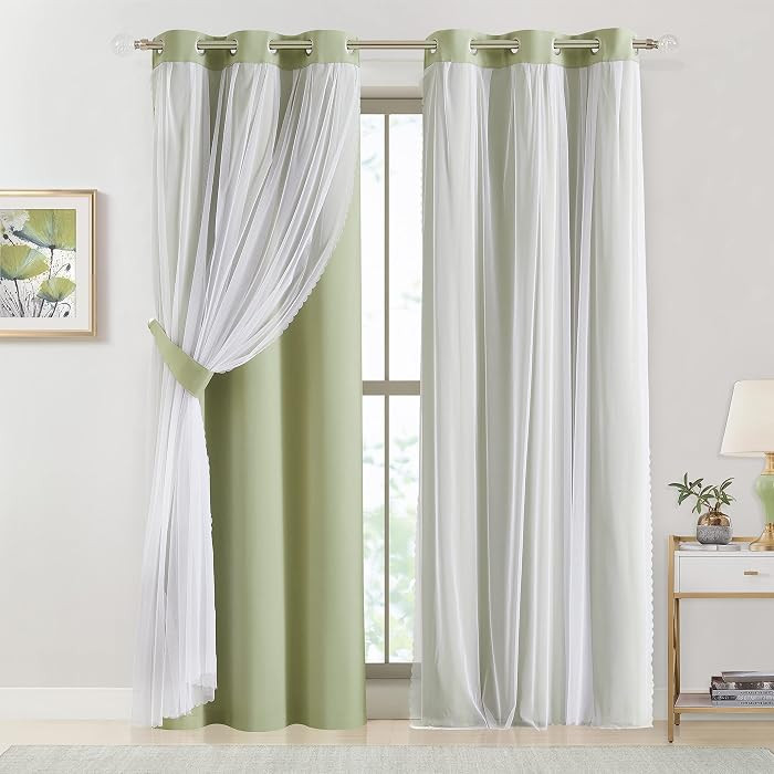 Sage Green 90% Blackout Curtains with Sheer Overlay Mix and Match Double Layer Thermal Insulated ... | Amazon (US)
