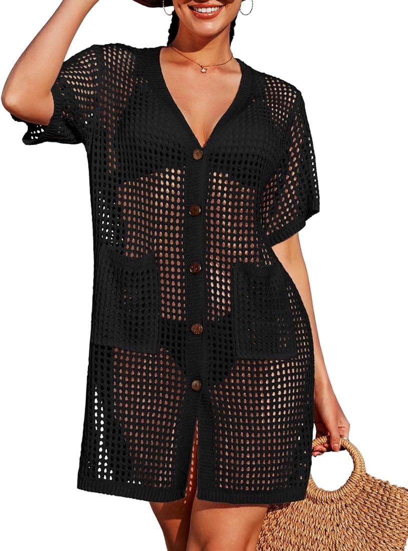 SOCIALA Swimsuit Cover up Women Button down Crochet Tops Side Split Beach Dress Swim Bathing Suit... | Amazon (US)