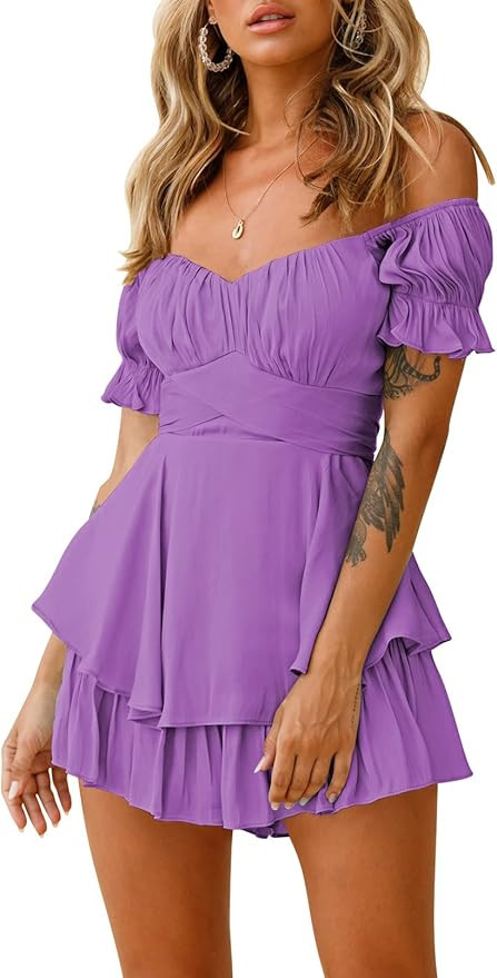 Fixmatti Women Boho Romper Off Shoulder Ruffle Chiffon Shorts Jumpsuit Playsuits | Amazon (US)