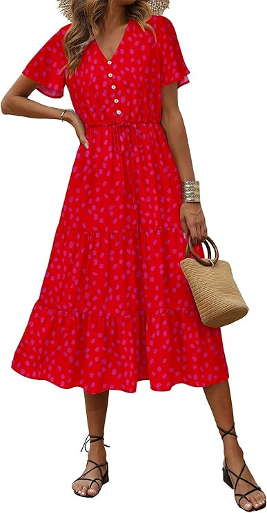 PRETTYGARDEN Women's Floral Boho Dress Casual Short Sleeve V Neck Ruffle Tiered Summer Swing Maxi... | Amazon (US)