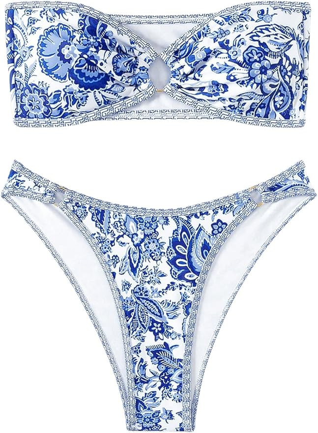 Floerns Women's Floral Print Ring Linked Strapless Bandeau Bikini 2 Piece Swimsuit | Amazon (US)