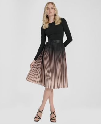 Dkny Women's Pleated Jewel Neck Belted Midi Dress - Black/Elegant Beige | Macy's