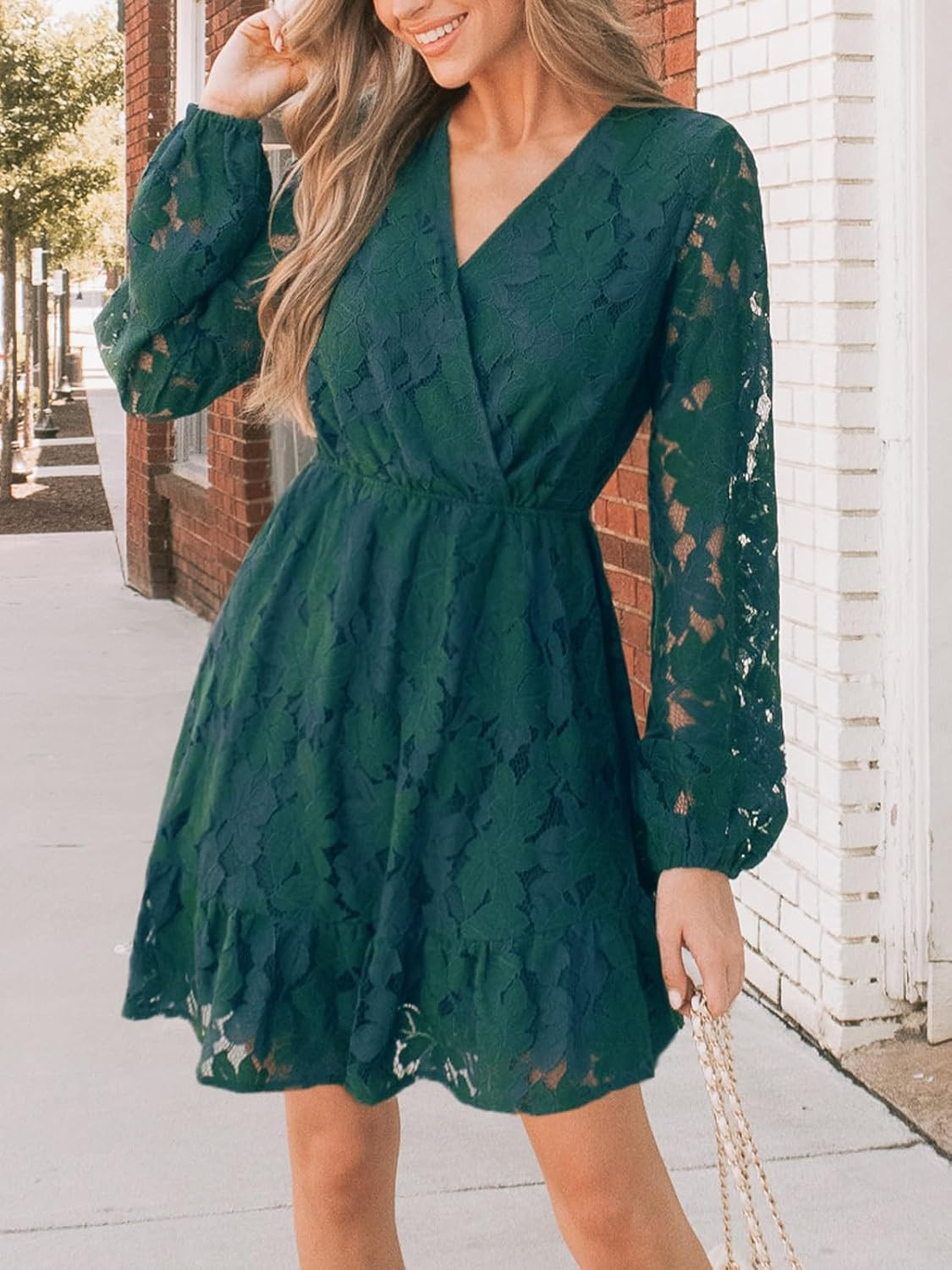 CUPSHE Women Elegant V Neck Lace Peasant Sleeves High Waist A-Lined Wedding Mini Dress | Amazon (US)