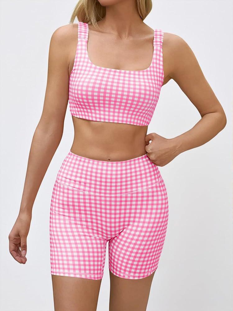 Aoysky Womens Workout Gingham 2 Piece Outfits Padded Open Back Crop Tank High Waist Sports Shorts... | Amazon (US)