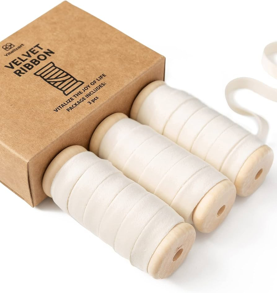 Vitalizart Ivory Velvet Ribbon Set 3/8" x 15 Yd Wooden Spool Fabric Trim 3 Rolls * 5 Yd for Chris... | Amazon (US)