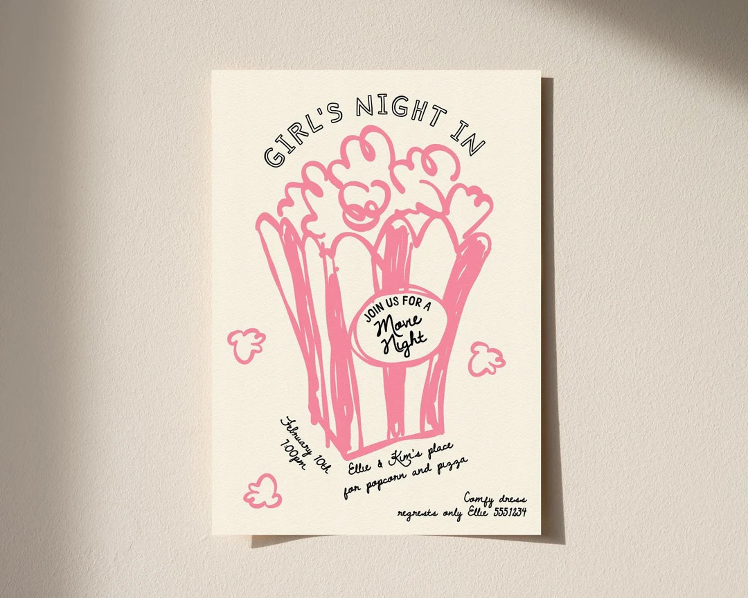 Hand Drawn Movie Night Invitation, Galentine's Day Girl's Night In Invite Template B578 | Etsy (US)