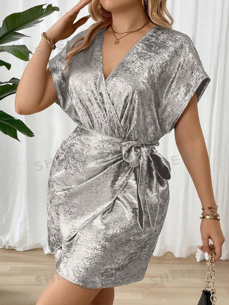 SHEIN Privé Plus Size Women's Summer Batwing Sleeve Wrap Front Tie Elegant Dress | SHEIN