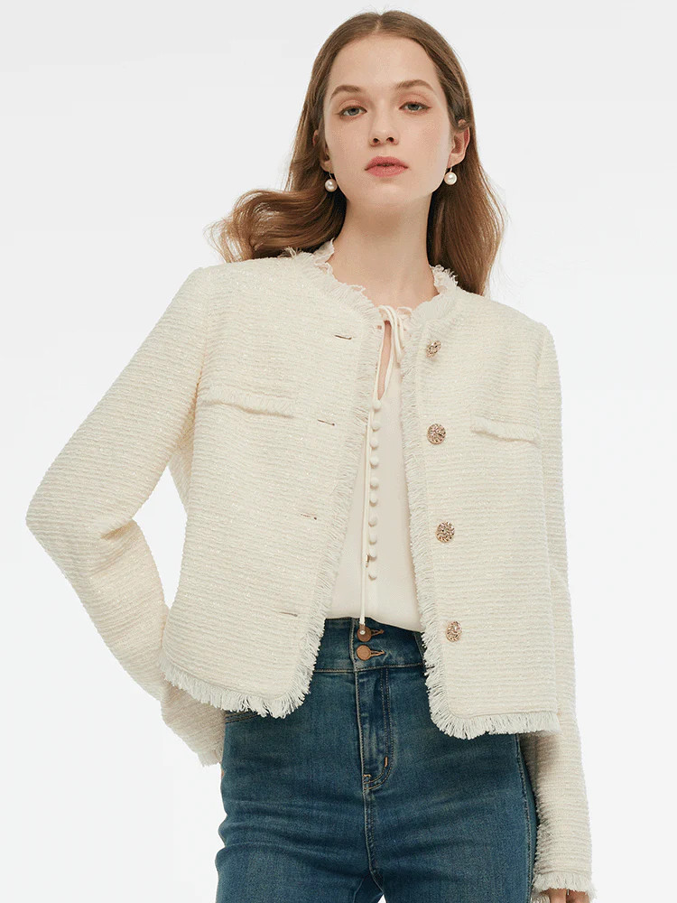 Tweed Collarless Women Crop Jacket | GOELIA