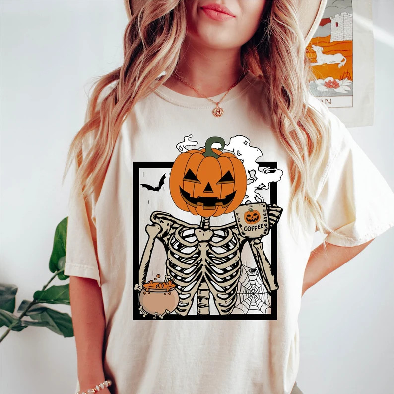 Comfort Colors® Skeleton Pumpkin Coffee Latte Shirt Halloween - Etsy | Etsy (US)
