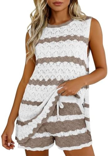 Fisoew Womens Crochet Swimsuit Coverup Sets Sleeveless Tank Tops Drawstring Shorts Sets Summer Be... | Amazon (US)