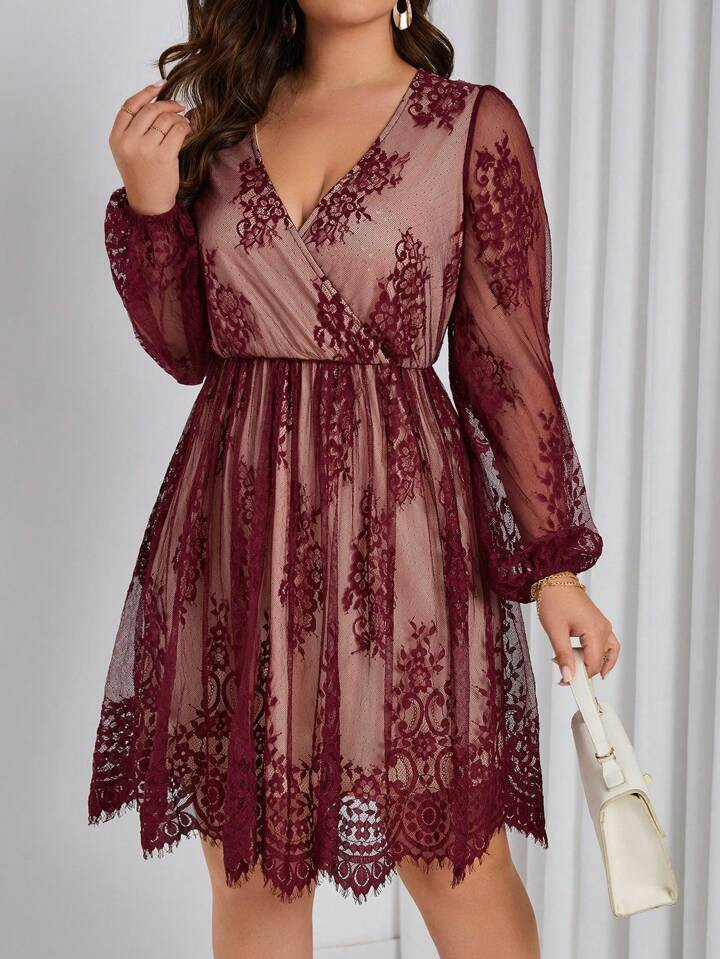 SHEIN Privé Plus Size Flower Embroidery Lantern Sleeve Mesh Dress | SHEIN