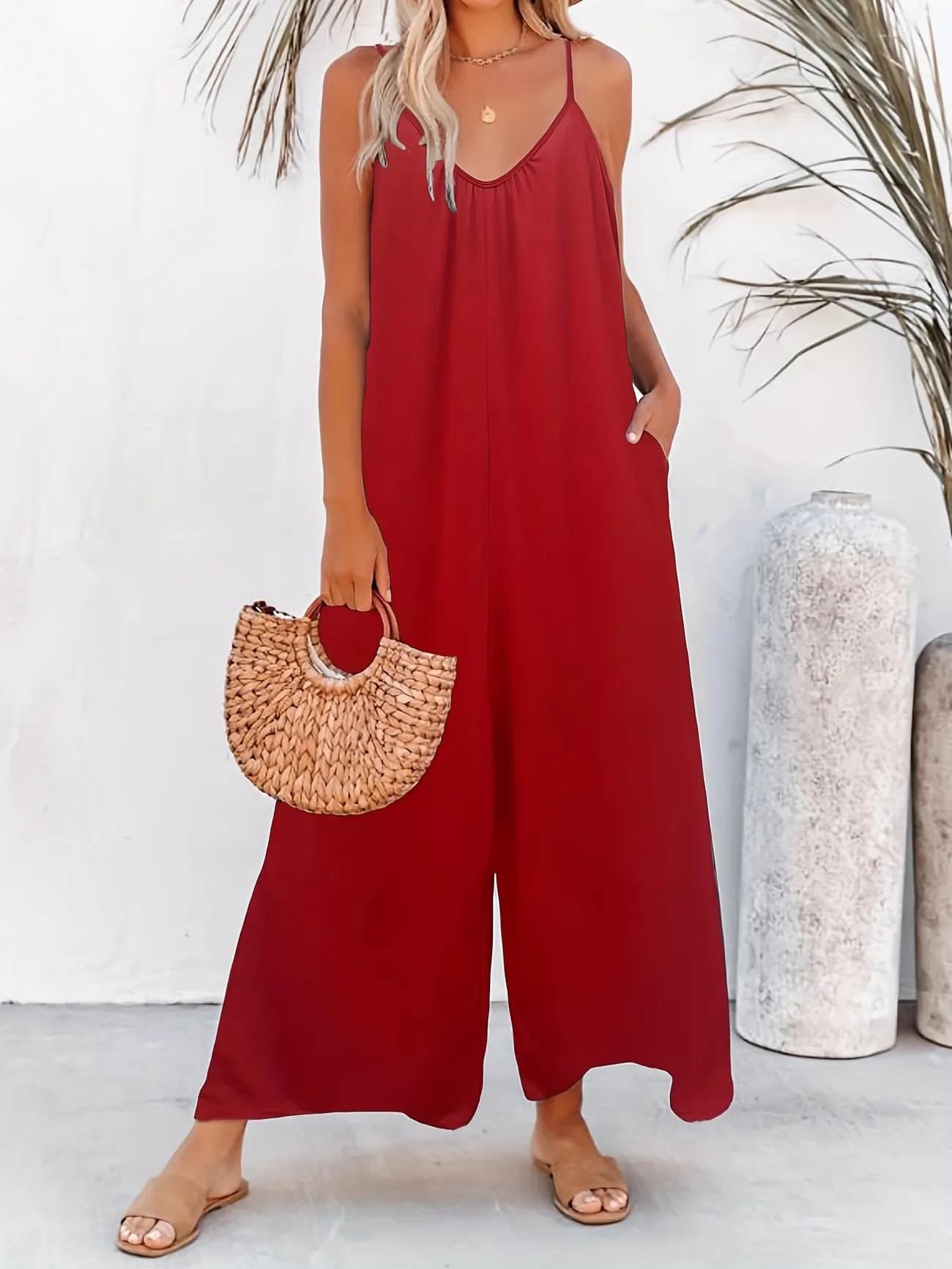 Solid Spaghetti Strap Jumpsuit Casual Wide Leg Sleeveless Jumpsuit Womens Clothing - Women's Clot... | Temu Affiliate Program
