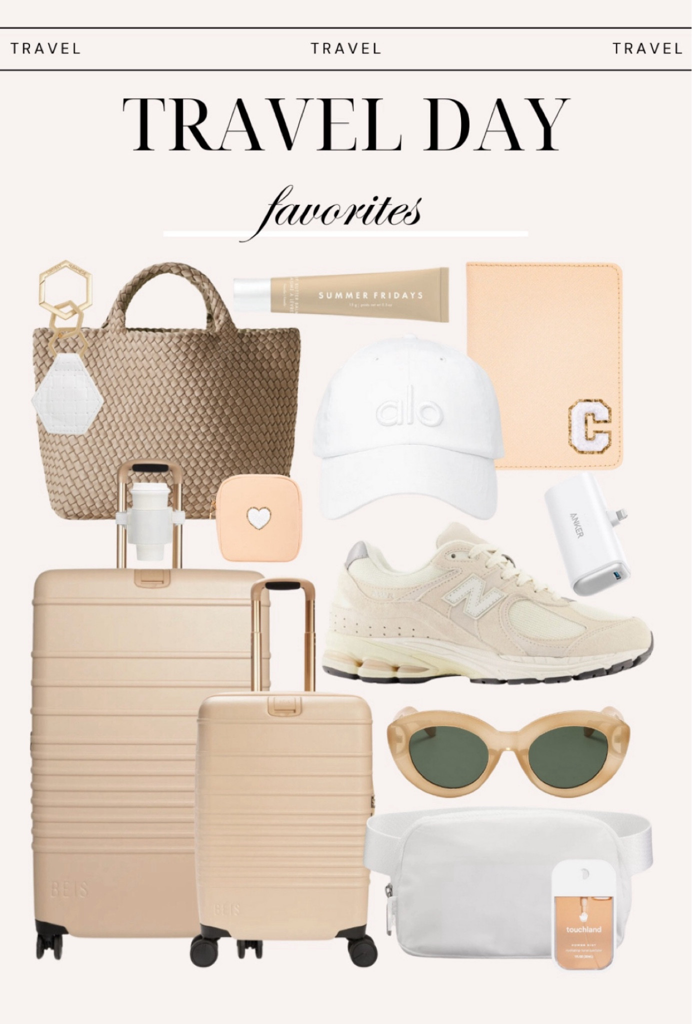 Travel day favorites! 
Tote bag, travel must-haves, sneakers, sunglasses, passport cover, lipgloss, Stoney clover lane pouches, Beis suitcase, carryon luggage, phone charger, cup holder 

#LTKSeasonal #LTKStyleTip #LTKTravel