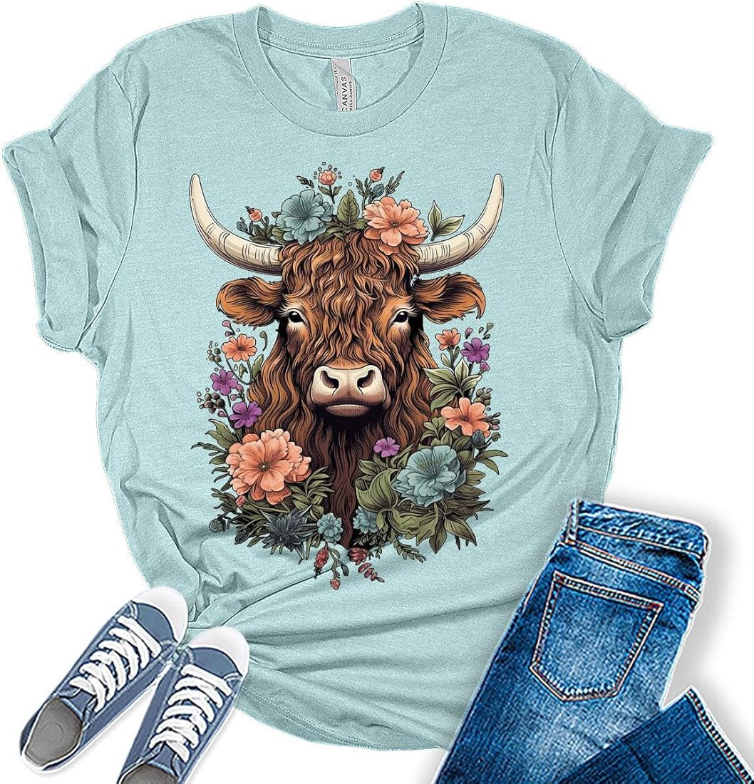 Womens Highland Cow Shirt Cute Cowgirl Tshirt Cattle Bella Graphic Tees Casual Short Sleeve Summe... | Amazon (US)