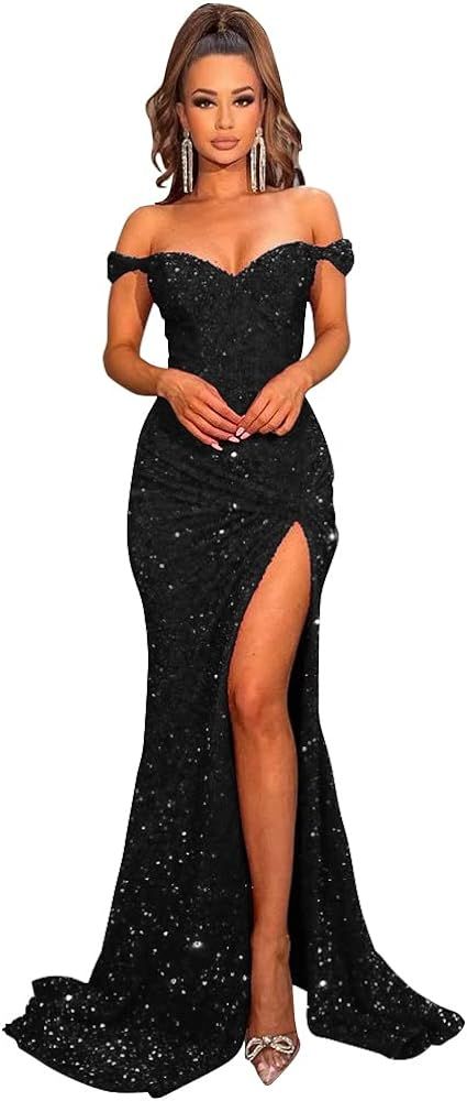 Women's Off Shoulder Mermaid Prom Dresses 2023 Long Sequin Formal Evening Gowns with Slit | Amazon (US)