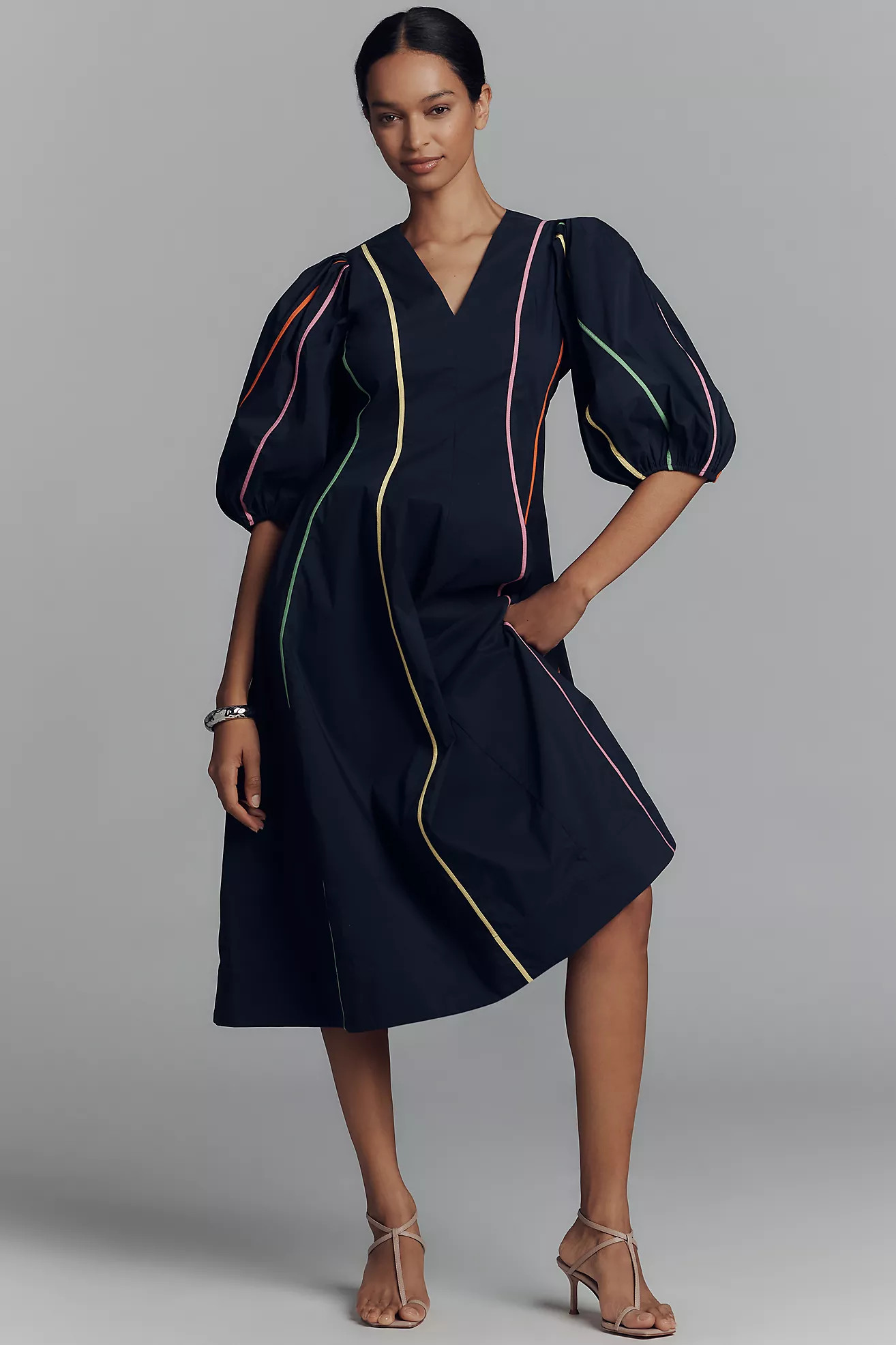 English Factory Puff-Sleeve V-Neck Piped Midi Dress | Anthropologie (US)
