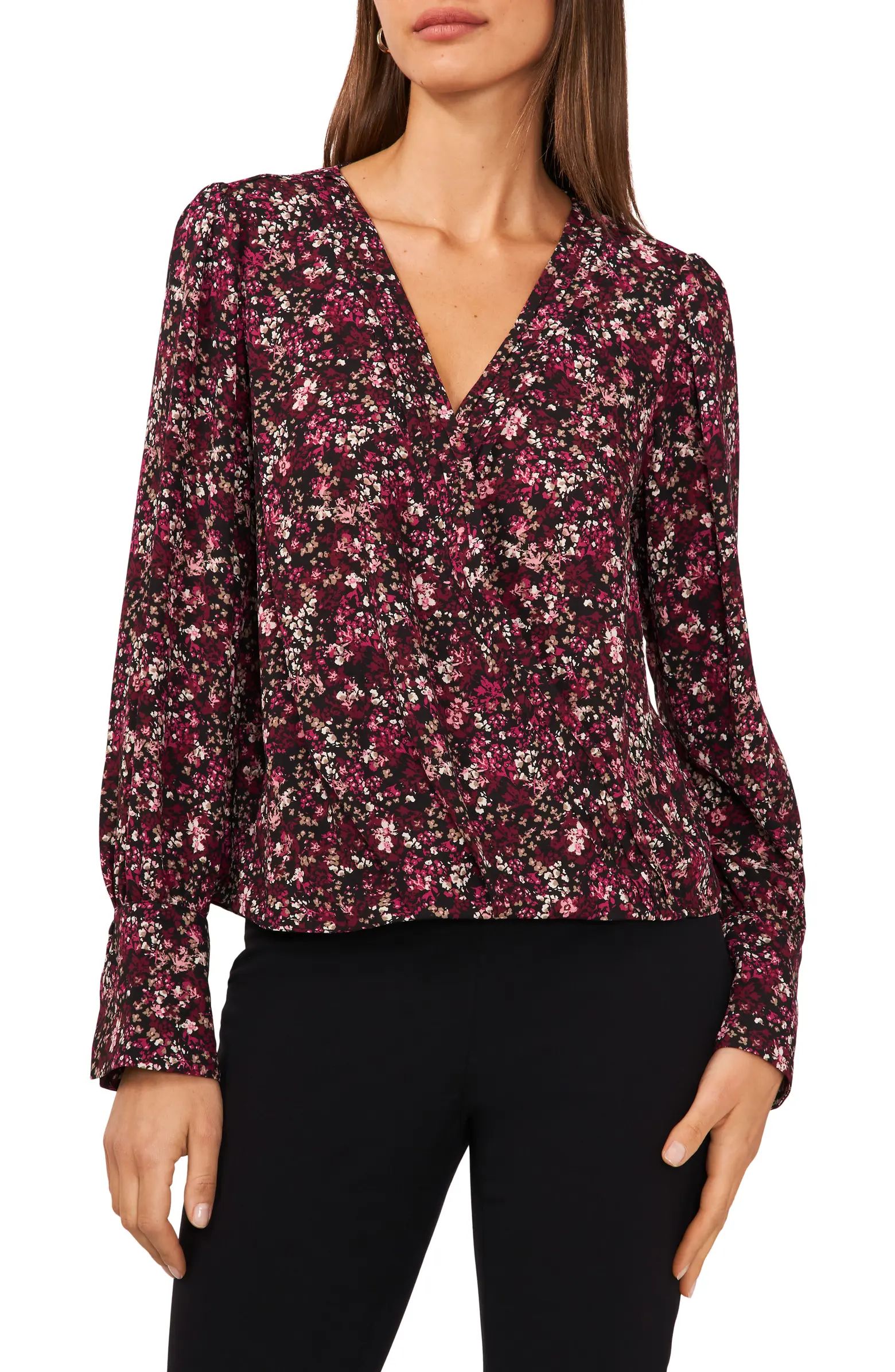 Halogen® Floral Pintuck Pleated Wrap Front Blouse | Nordstrom | Nordstrom