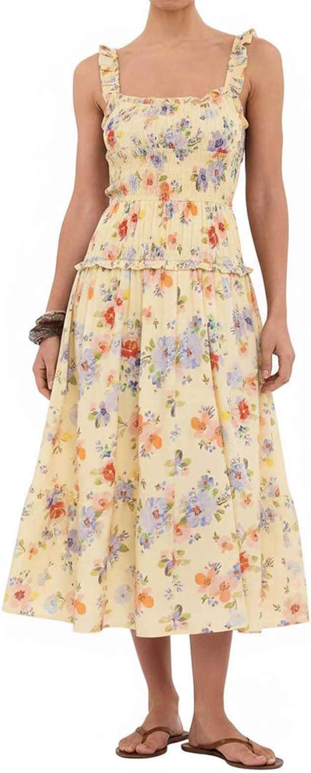 Women Spaghetti Strap Maxi Dress Sleeveless Scoop Neck Ruffle Tiered Elastic Casual Boho Flowy Dr... | Amazon (US)