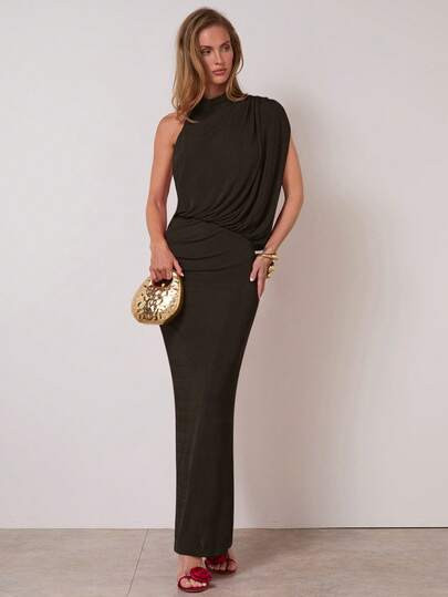 COSMINA Women's Elegant Party/Date Minimalist Solid Color Asymmetric Collar Waist Fitted Dress,  ... | SHEIN