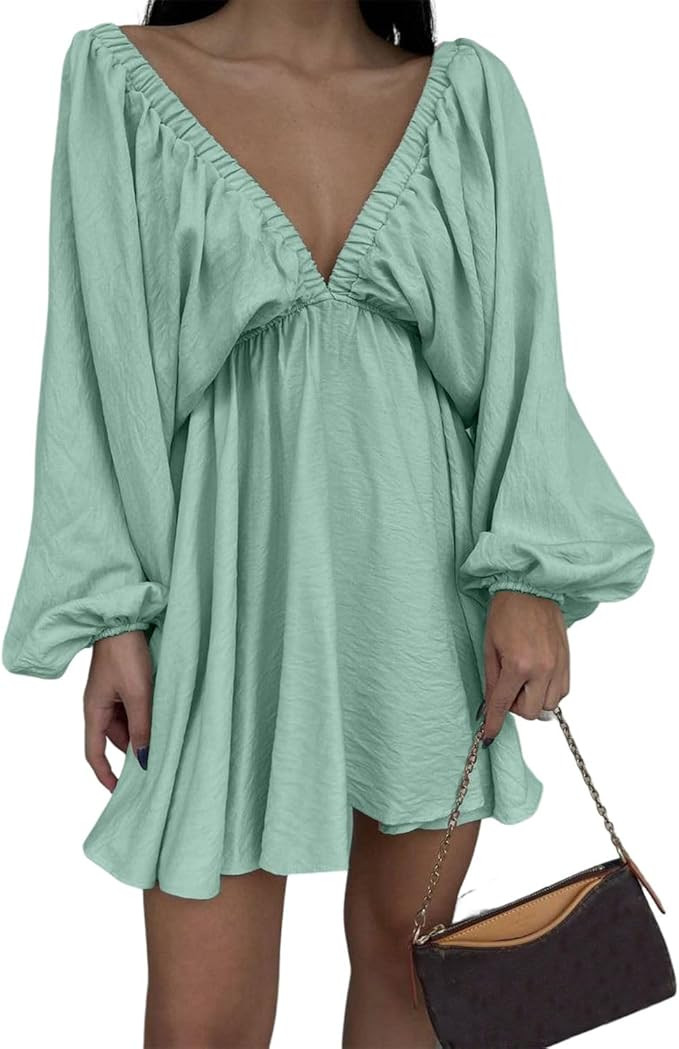 LOFAAC Women Sexy Deep V Neck Puff Long Sleeve Mini Dress Backless High Waist Ruffle Short Dress ... | Amazon (US)