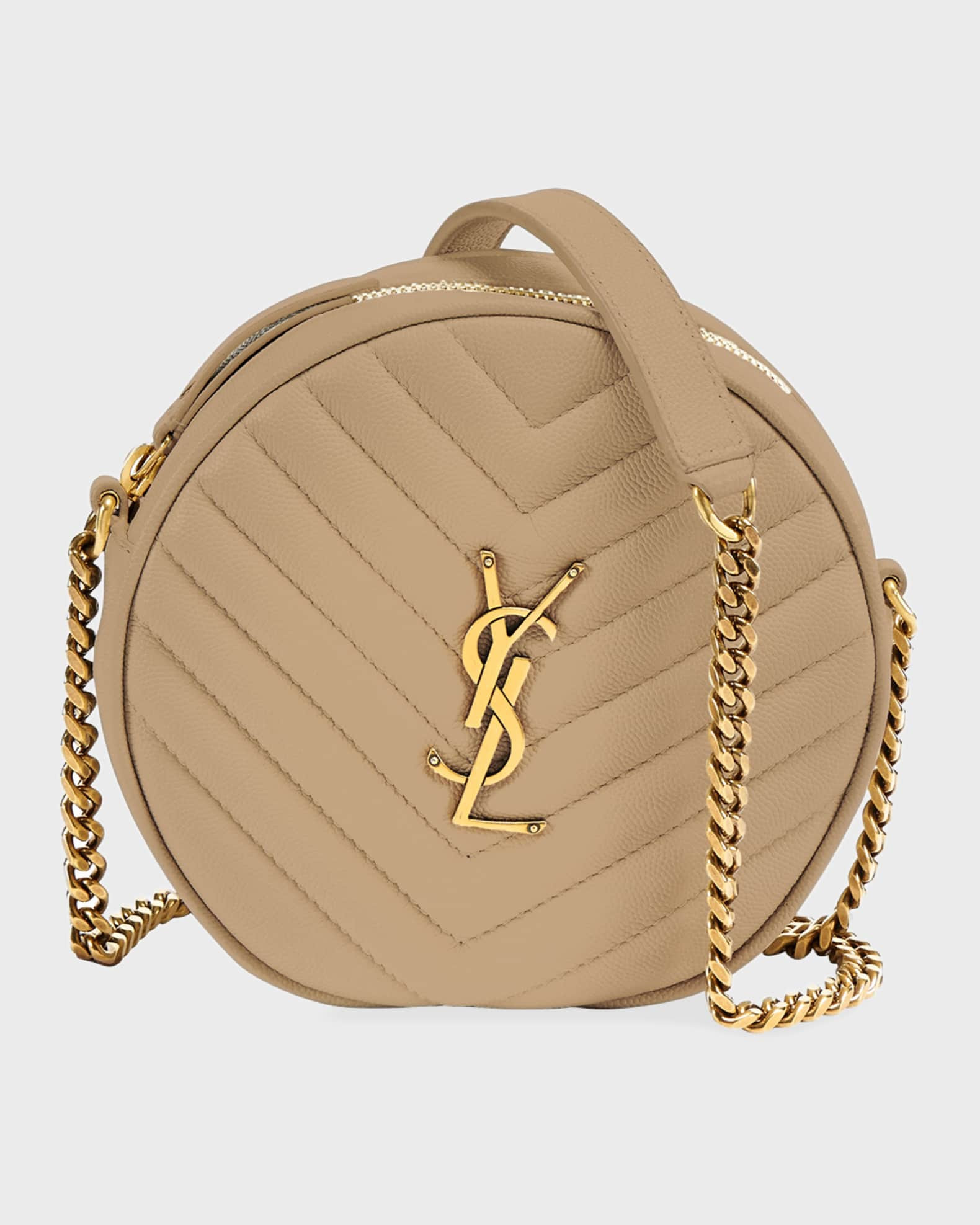 Saint Laurent Vinyle YSL Round Quilted Grain de Poudre Crossbody Bag | Neiman Marcus
