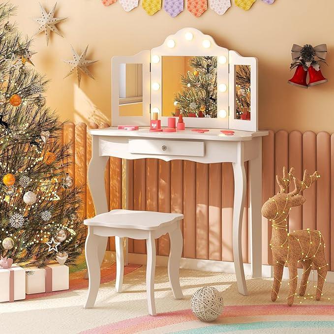 HONEY JOY Kids Vanity Set with Lighted Mirror, 2 in 1 Princess Toddler Dressing Table w/Tri-Fold ... | Amazon (US)