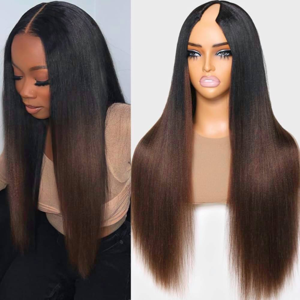 KLAIYI Ombre Brown V Part Wig Yaki Straight Human Hair Upgrade U Part Wig with Dark Roots Glueles... | Amazon (US)