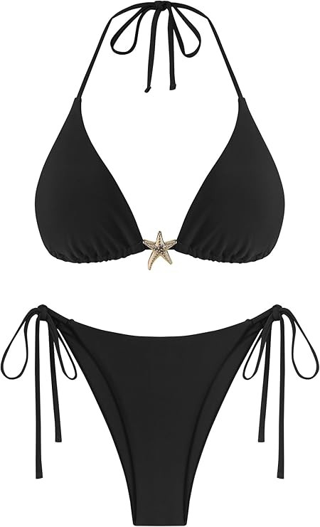 ZAFUL Women's Sexy Halter Bikini Sets Beads Tie Side Solid Triangle Thong Swimsuit Two Piece Chee... | Amazon (US)