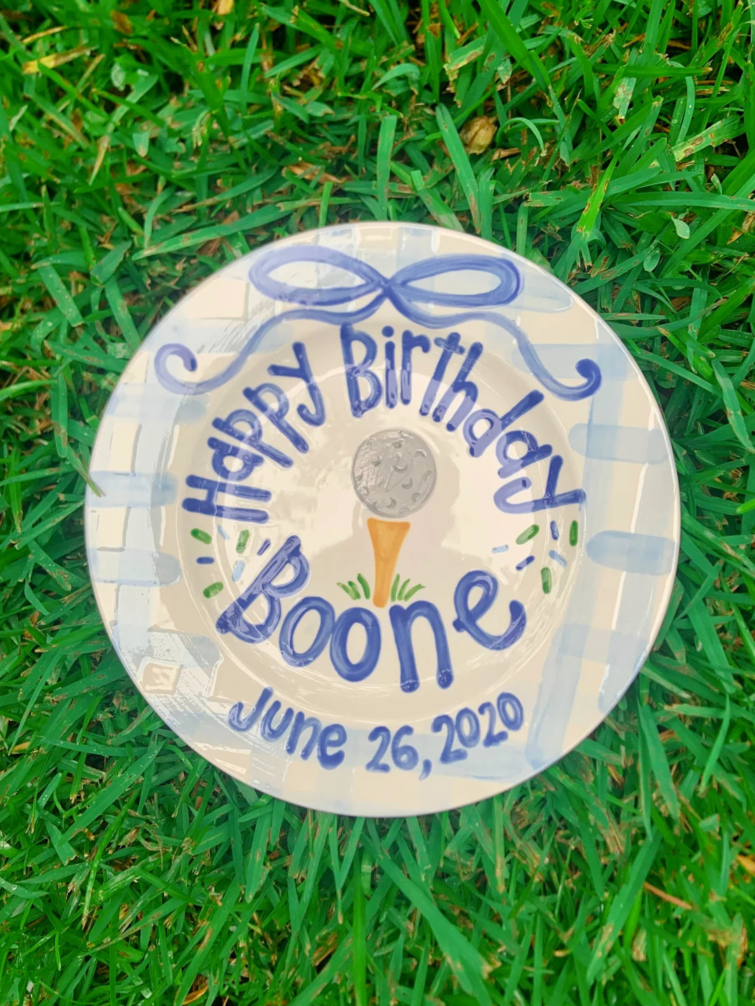 Golf preppy birthday plate // blue gingham and ribbon // first birthday // little golfer // hole ... | Etsy (US)