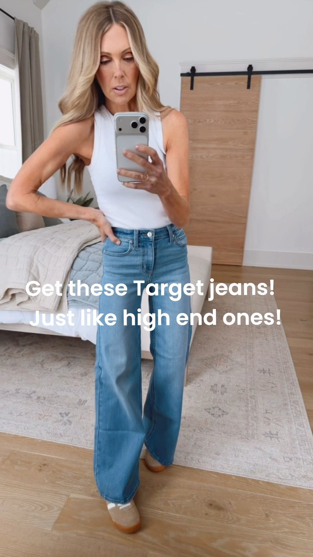 Trust me on these jeans. Reminds me of Mother wide legs but fabric like Good American. So so good. True to size. I'm wearing a 2. Tank in small. 

#LTKootd #LTKmomlife #LTKgrwm