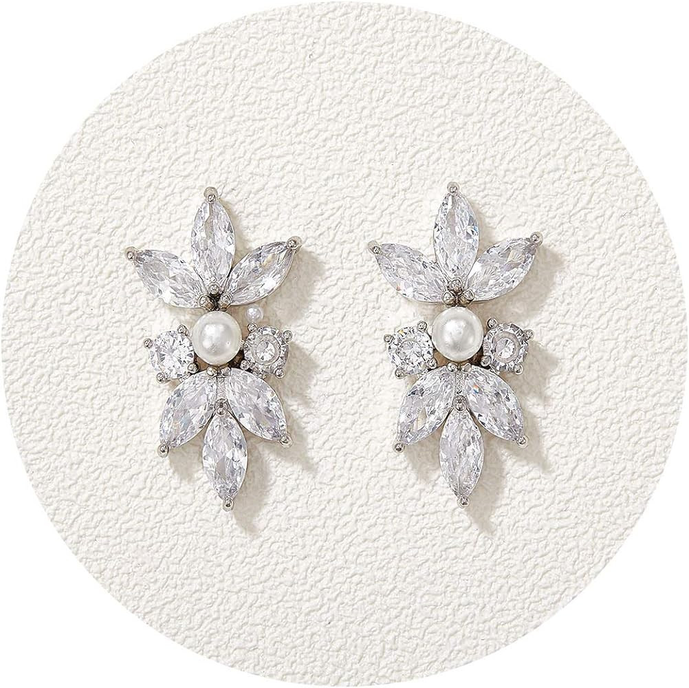 SWEETV Marquise Cubic Zirconia Wedding Bridal Stud Earrings for Brides Bridesmaids, Crystal Pearl... | Amazon (US)