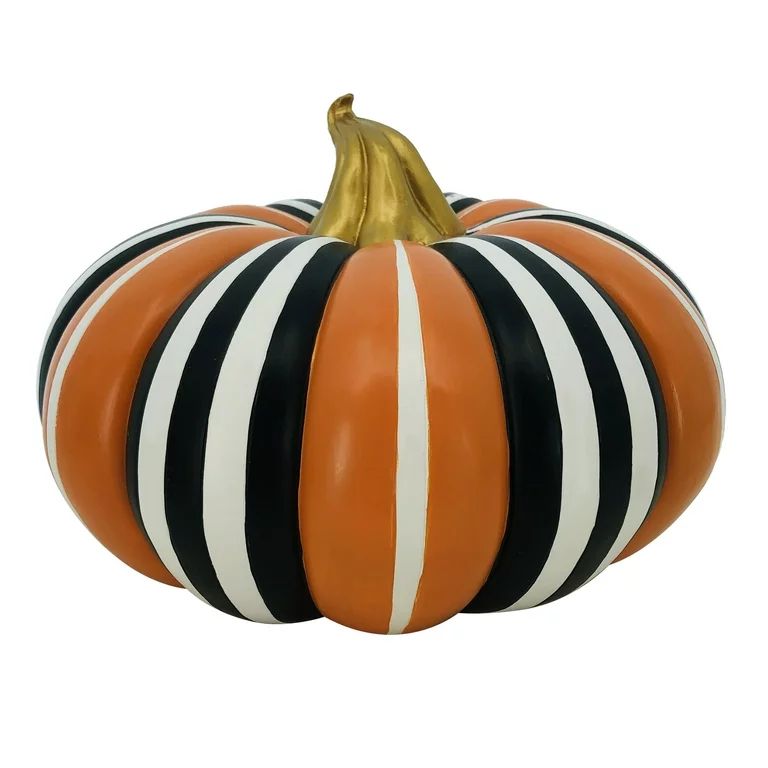 Halloween Striped Resin Pumpkin Decoration, Black/White/Orange, 10 in x 10 in x 6.5 in, by Way To... | Walmart (US)