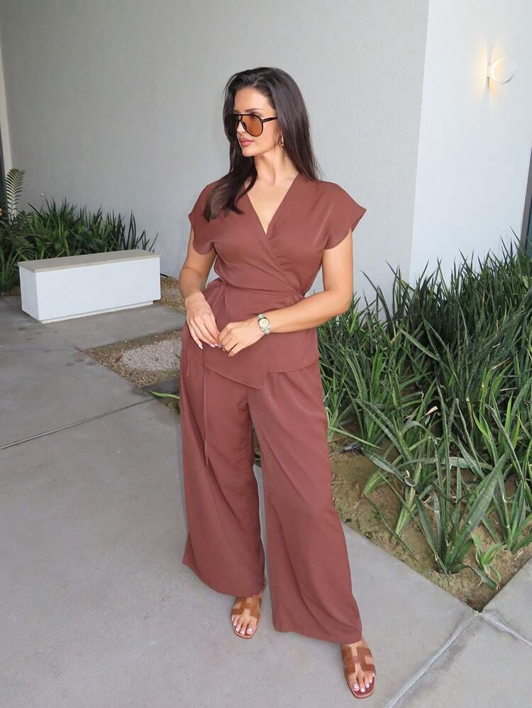 MDEdit Women's Elegant Wrap Batwing Sleeve Blouse And Loose Wide Leg Pants 2 Pieces Set, Woven Apricot, For Summer Outing, Dating, Vacation | SHEIN