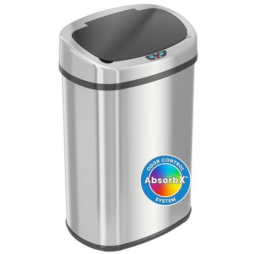 SensorCan 13 Gallon Touchless Sensor Odor Control System, Stainless Steel Oval Shape Automatic Garbage Bin, Base Model Trash Can | Amazon (US)
