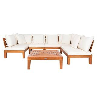 Grantown Natural Wood Outdoor Patio Sectional with Beige Cushions | The Home Depot