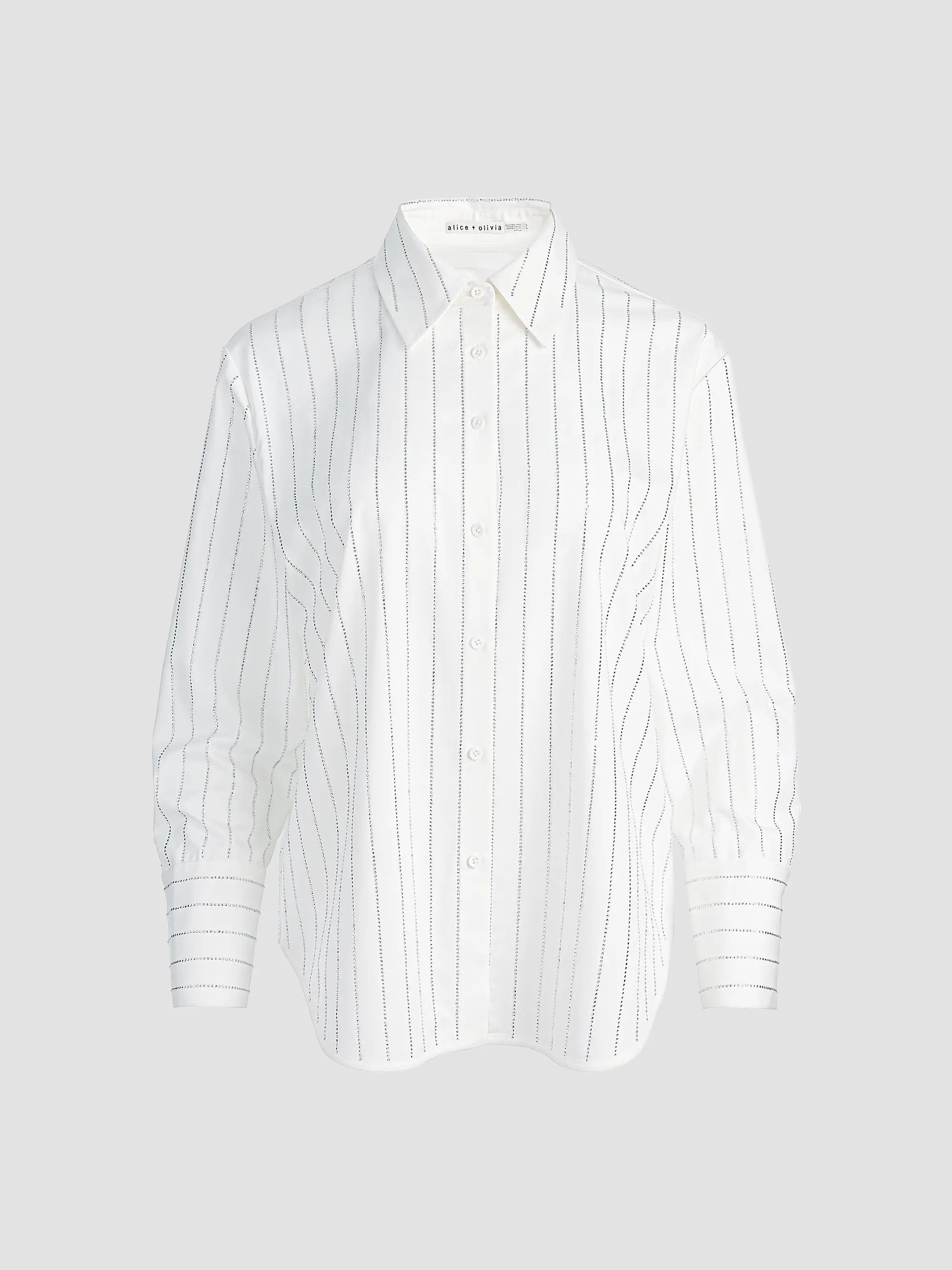 ALICE + OLIVIA Rhinestone Pinstriped Oversized Button-Front Shirt | Saks Fifth Avenue | Saks Fifth Avenue