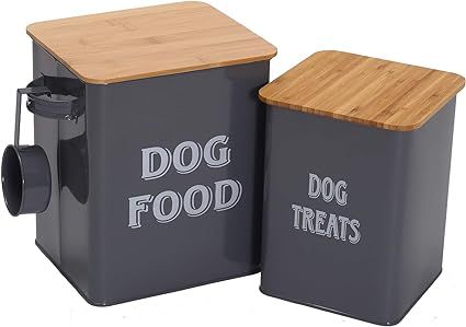Pethiy Dog Food and Treats Storage tin Containers Set with Scoop for Dogs-Tight Fitting Wood Lids... | Amazon (US)