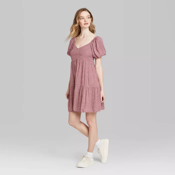 Women's Polka Dot Short Puff Sleeve Round Neck Babydoll Mini Dress - Wild Fable™ Purple | Target