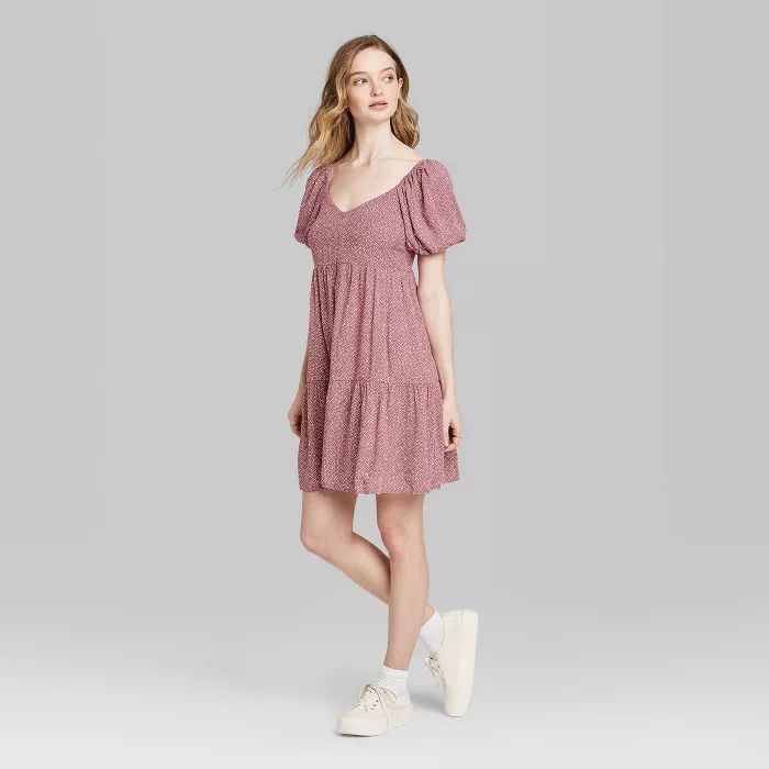 Women's Polka Dot Short Puff Sleeve Round Neck Babydoll Mini Dress - Wild Fable™ Purple | Target