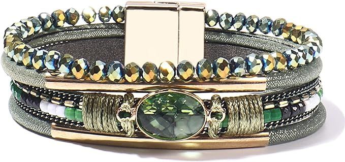 FANCY SHINY Leather Wrap Bracelets Crystal Beads Bracelet Boho Cuff Stone Charm Bracelets with Cl... | Amazon (US)