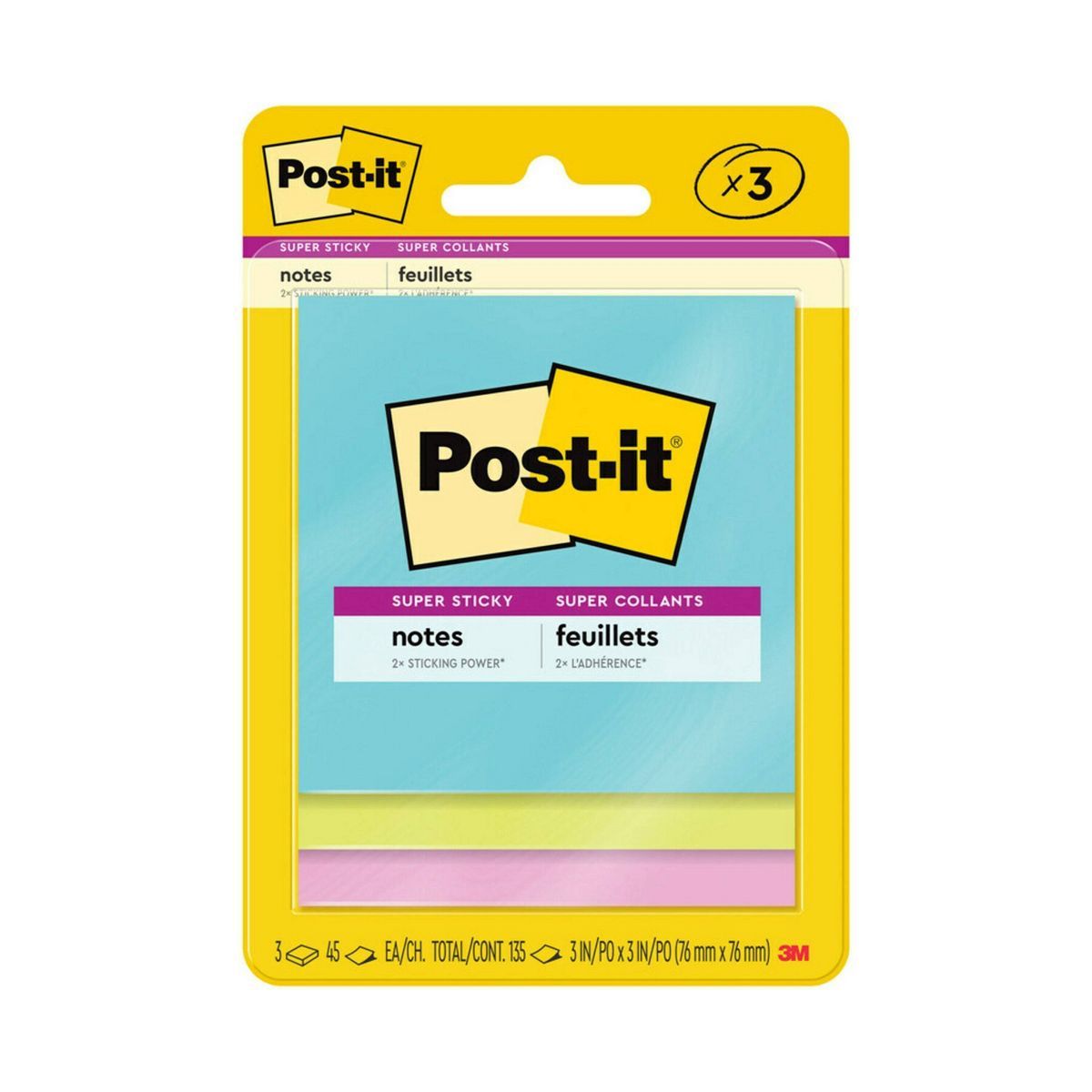 Post-it 3pk 3" x 3" Super Sticky Notes 45 Sheets/Pad - Miami Collection | Target