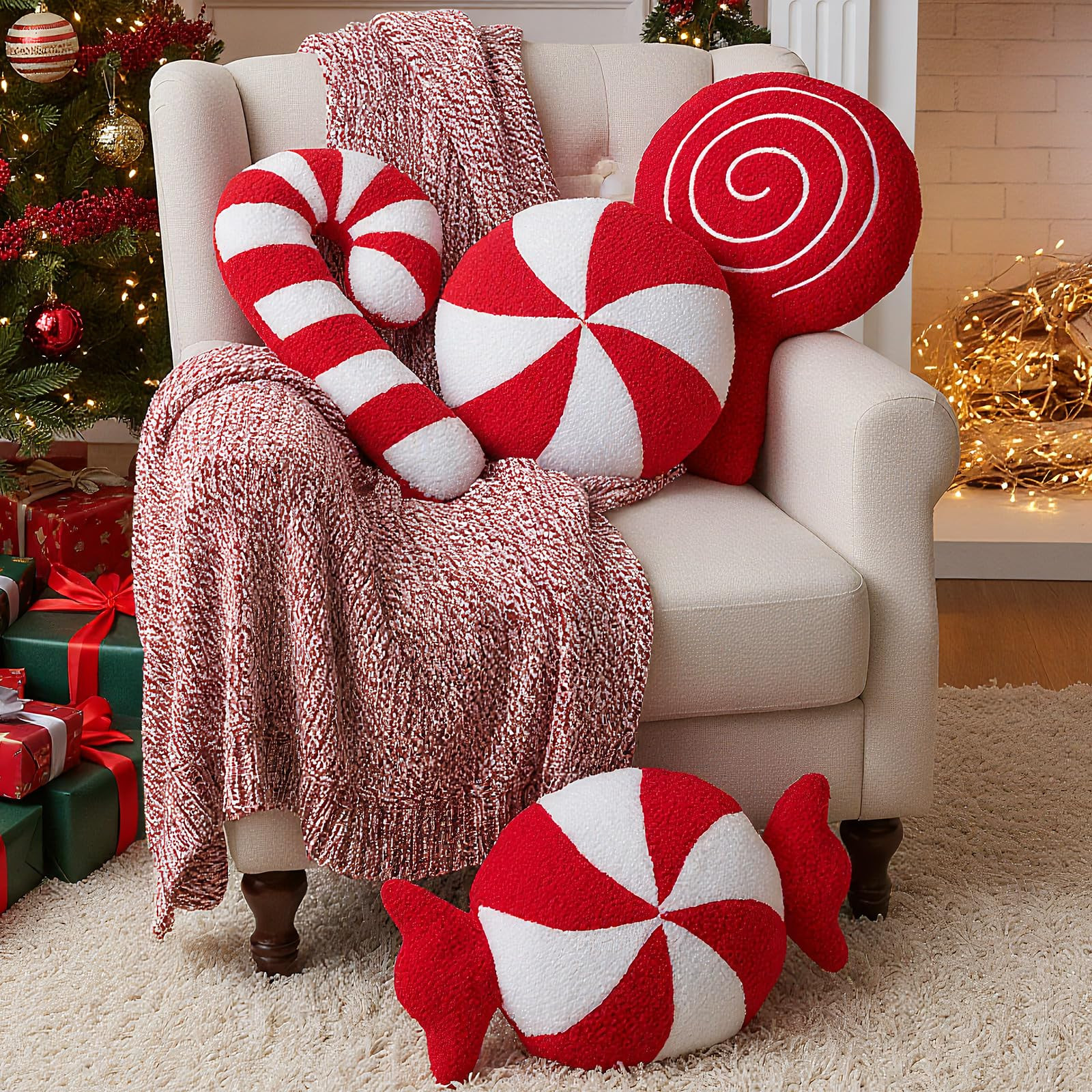 4 Pack Christmas Candy Shaped Pillows Xmas Decorative Cushions Candy Cane Throw Pillows Red White... | Amazon (US)