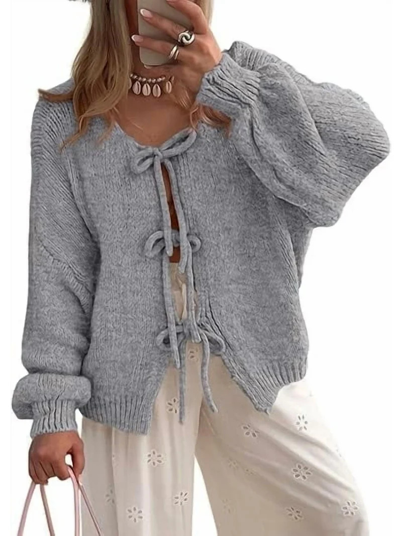 PRETTYGARDEN Women's Tie Front Bow Cardigan Sweaters Chunky Knit Long Puff Sleeve Trendy Fall Win... | Walmart (US)