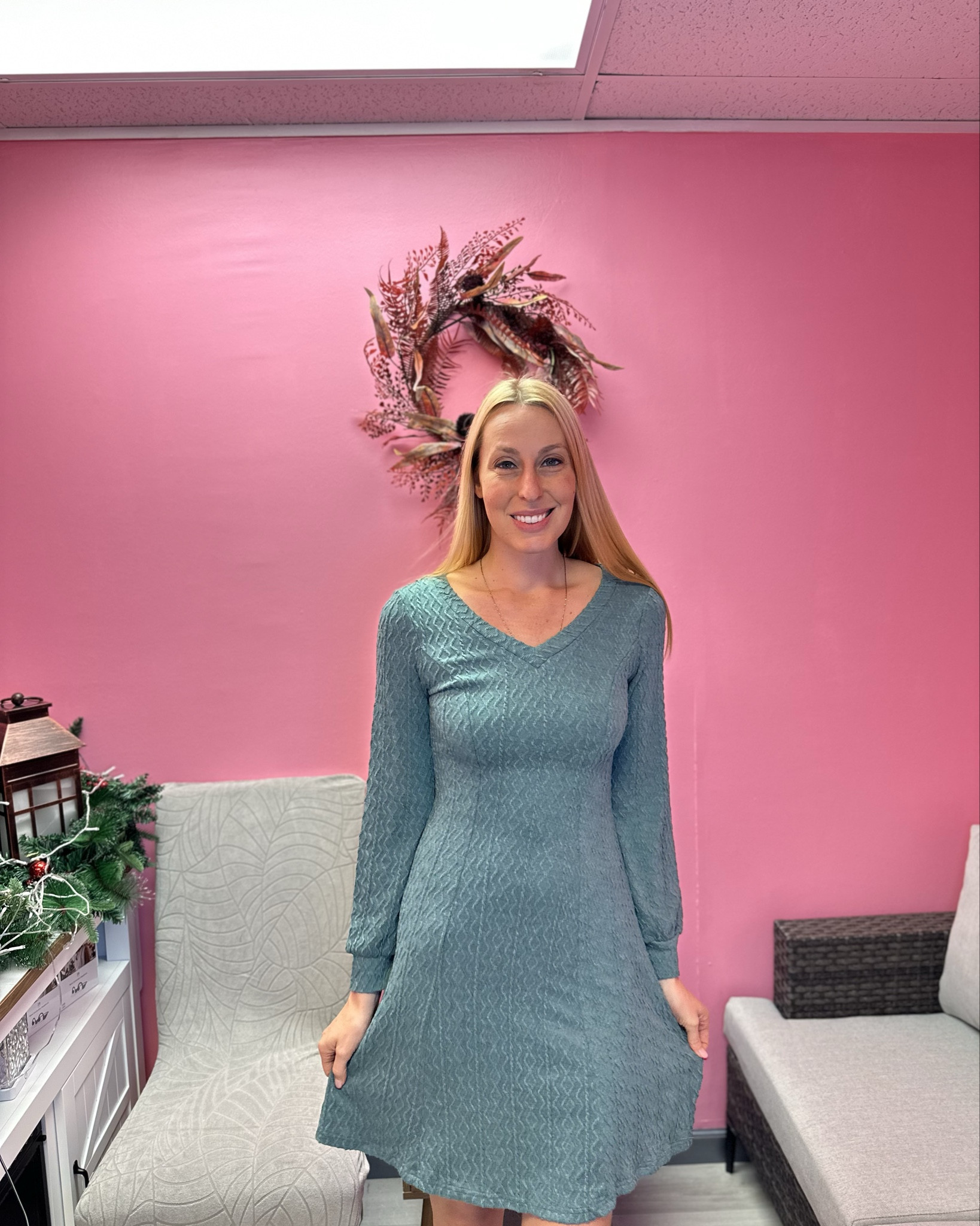Knit patterned dress  
🤍looks like a sweater dress but it is thinner and stretchier 
🤍it is comfy and cute for the holidays
🤍 fits true to size, wearing size small and I am 5’10”

#LTKFindsUnder50 #LTKHoliday #LTKTall