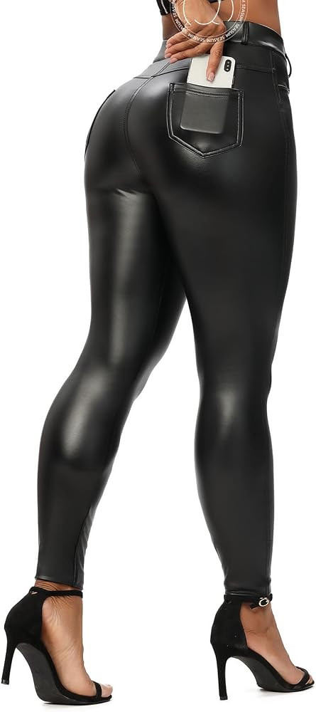 SEASUM Women's Faux Leather Leggings Pants PU Elastic Shaping Hip Push Up Black Sexy Stretchy Hig... | Amazon (CA)