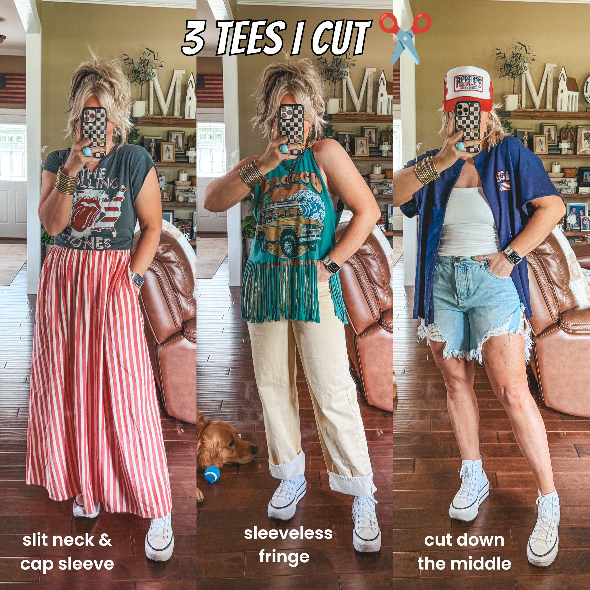 3 tees I cut recently 
Slit neck one - L 
Fringe - M
Cut down middle - XL

Striped dress - M
Yellow jeans - true to size 
Shorts - size up one 
Converse - sized down 



#LTKOver40 #LTKStyleTip #LTKFindsUnder50