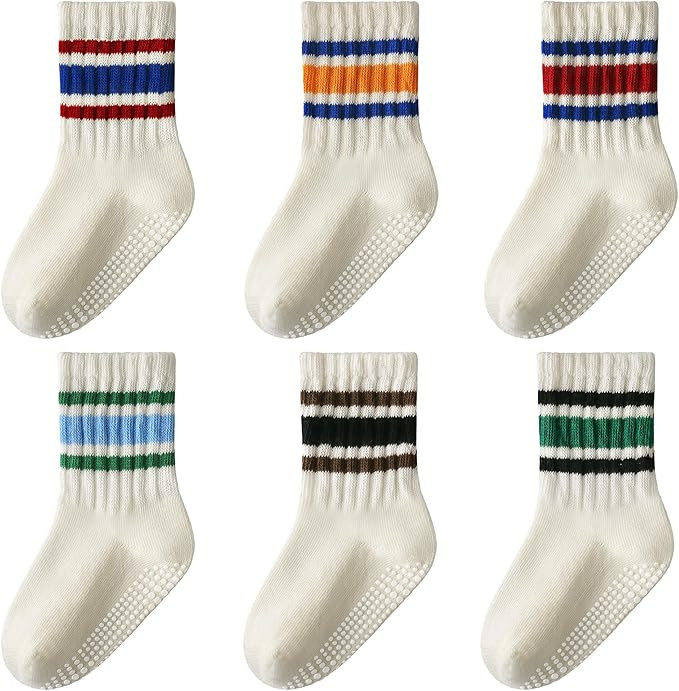 HONGTEYA 6 Pack Baby Toddler Grip Socks with Non-Slip Stripe Grippy Crew Socks for Boys Girls Kid... | Amazon (US)