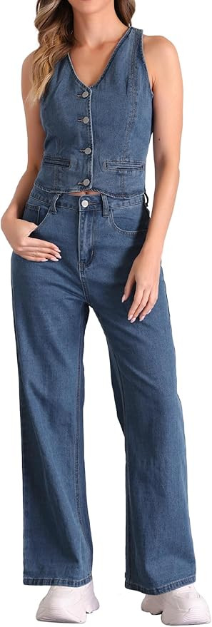 Allegra K 2 Piece Outfits Denim Set for Women's Sleeveless Button V Neck Denim Vest Waistcoat Wid... | Amazon (US)